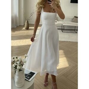 Commense Square Neck Midi Dress White Sleeveless A Line Chic Elegant Women XS